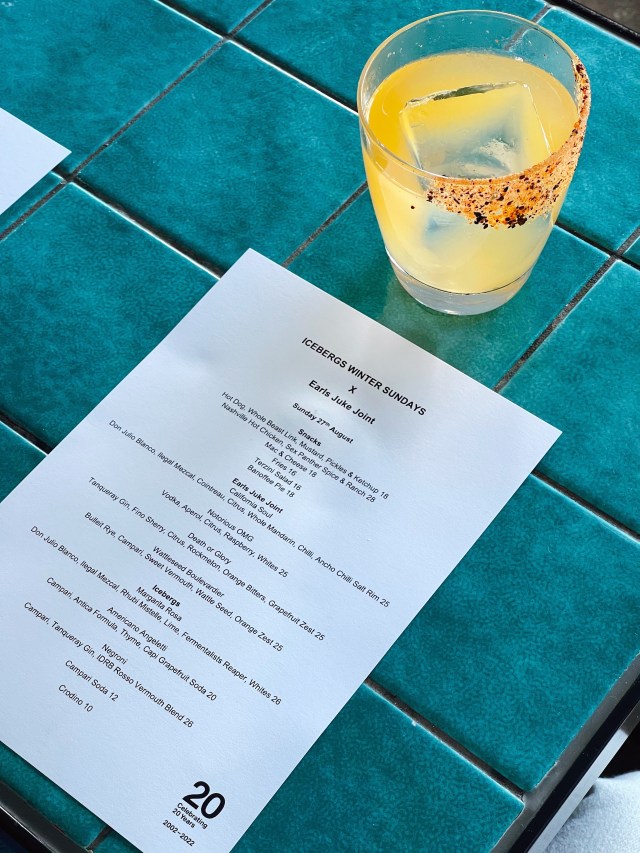Menu and a cocktail at the Earl's Juke Joint pop-up bar Icebergs takeover